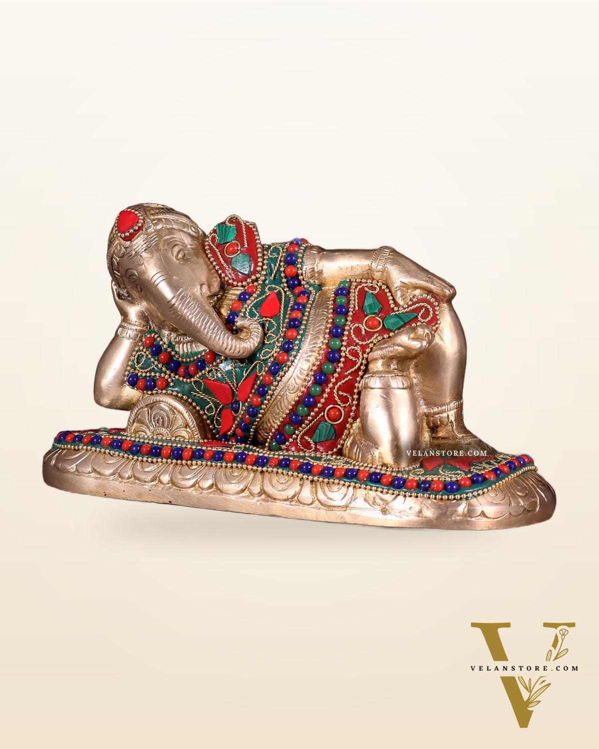 Brass Resting Lord Ganesha Statue 7.5" floral stones