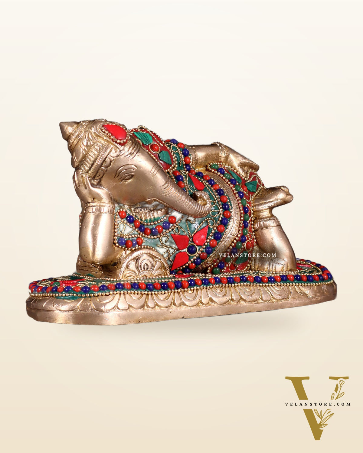 Brass Resting Lord Ganesha Statue 7.5" floral stones
