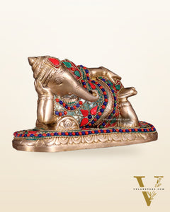 Brass Resting Lord Ganesha Statue 7.5" floral stones