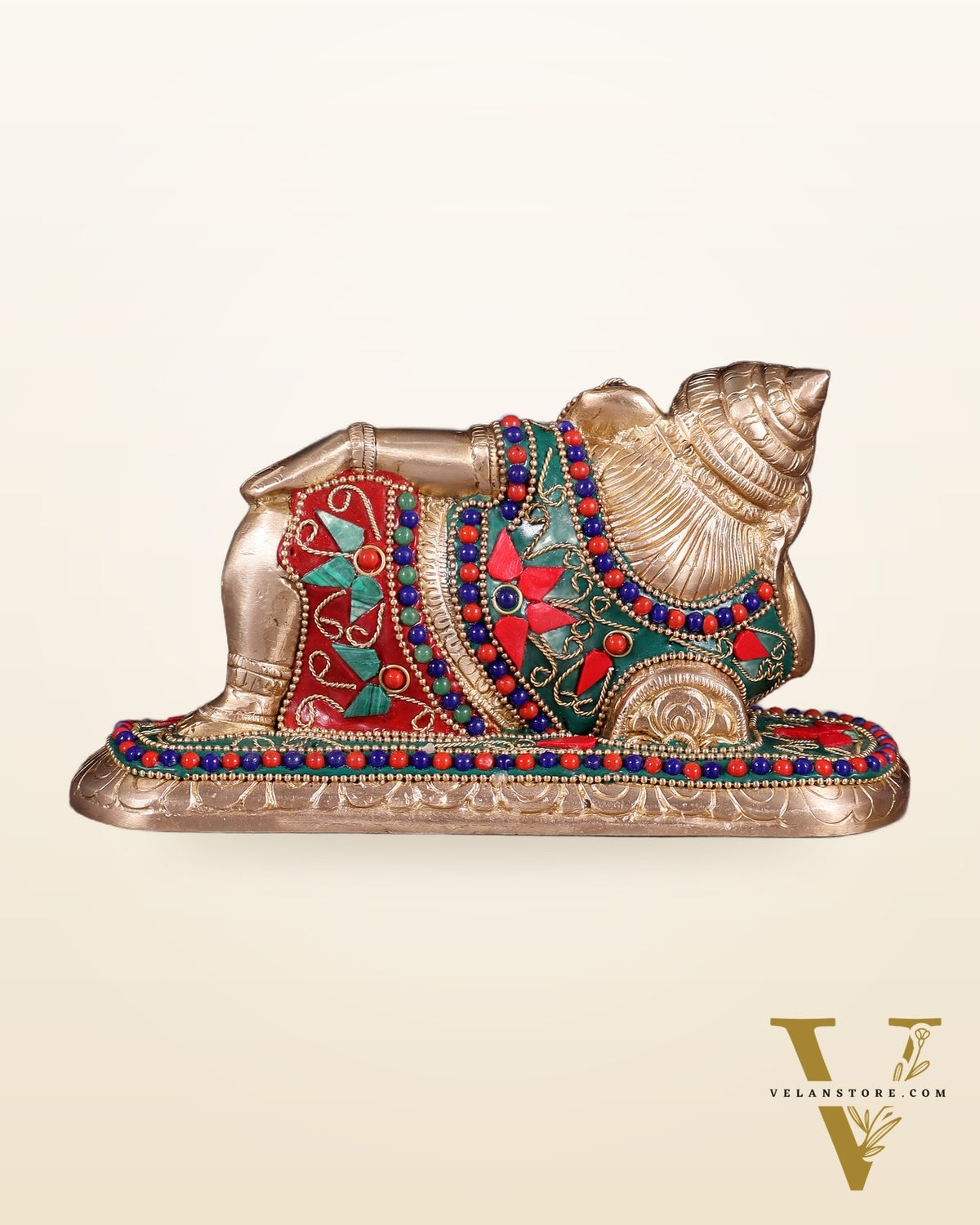 Brass Resting Lord Ganesha Statue 7.5" floral stones