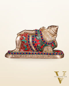 Brass Resting Lord Ganesha Statue 7.5" floral stones
