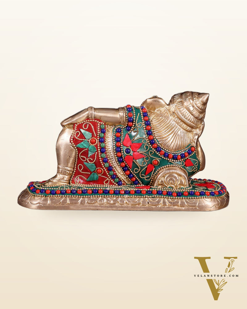 Brass Resting Lord Ganesha Statue 7.5" floral stones