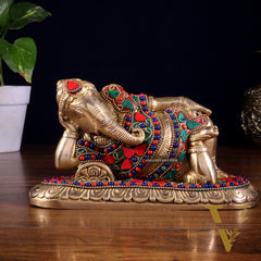 Brass Resting Lord Ganesha Statue 7.5" floral stonework