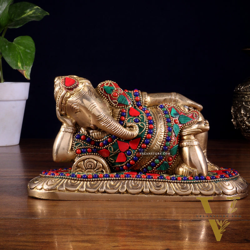 Brass Resting Lord Ganesha Statue 7.5" floral stonework