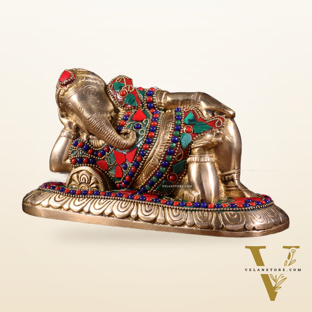 Brass Resting Lord Ganesha Statue 7.5" floral stonework