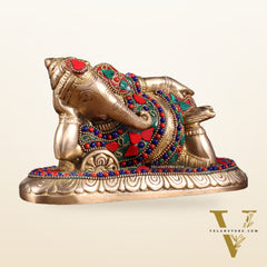Brass Resting Lord Ganesha Statue 7.5" floral stonework