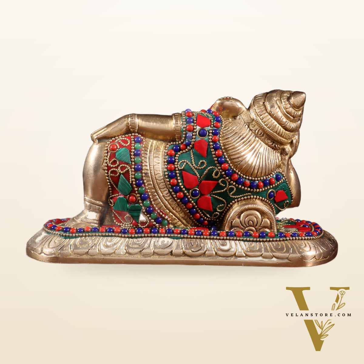 Brass Resting Lord Ganesha Statue 7.5" floral stonework