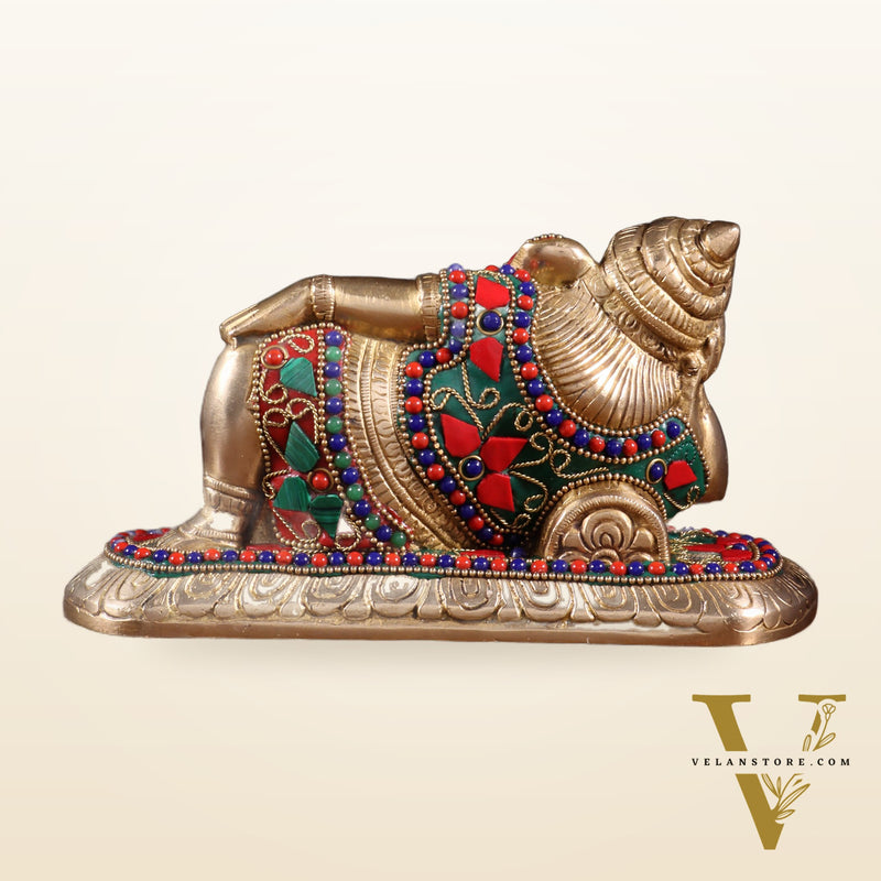 Brass Resting Lord Ganesha Statue 7.5" floral stonework
