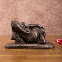 Brass Resting Lord Ganesha Statue – Burnt copper Finish, 7.5 Inch, Vintage Design