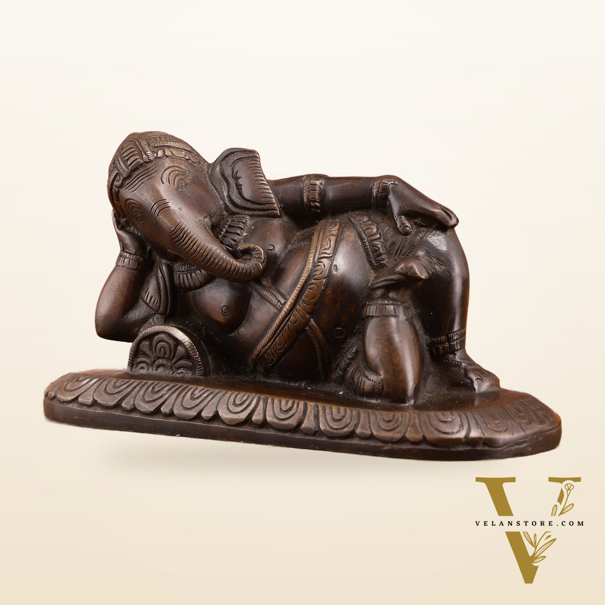 Brass Resting Lord Ganesha Statue – Burnt copper Finish, 7.5 Inch, Vintage Design