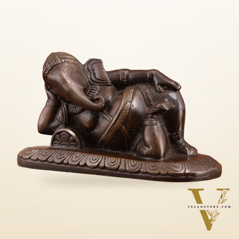 Brass Resting Lord Ganesha Statue – Burnt copper Finish, 7.5 Inch, Vintage Design