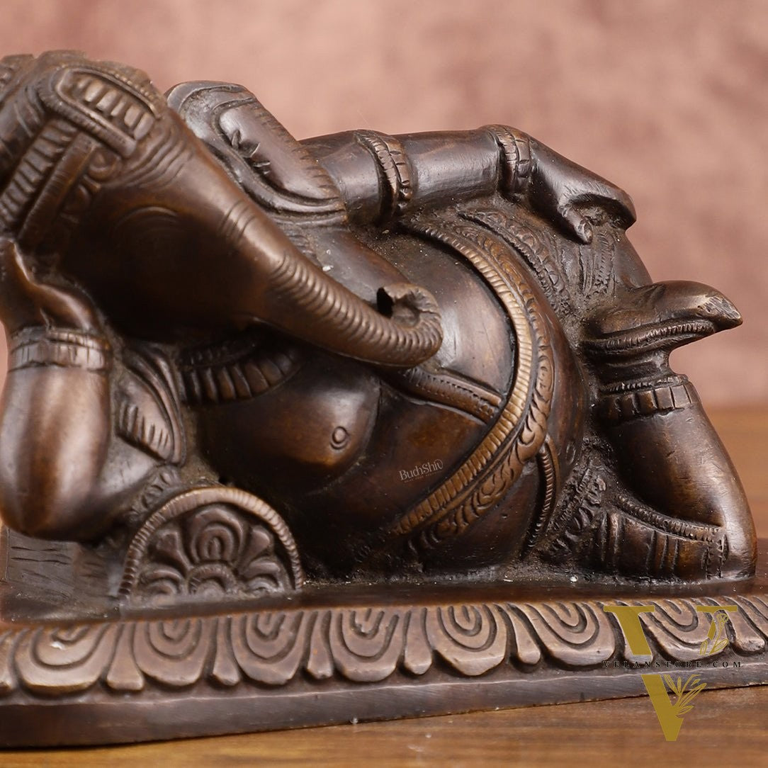 Brass Resting Lord Ganesha Statue – Burnt copper Finish, 7.5 Inch, Vintage Design