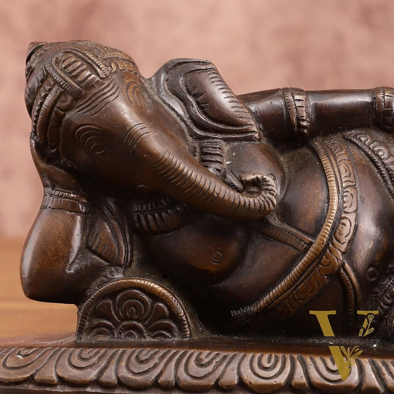 Brass Resting Lord Ganesha Statue – Burnt copper Finish, 7.5 Inch, Vintage Design