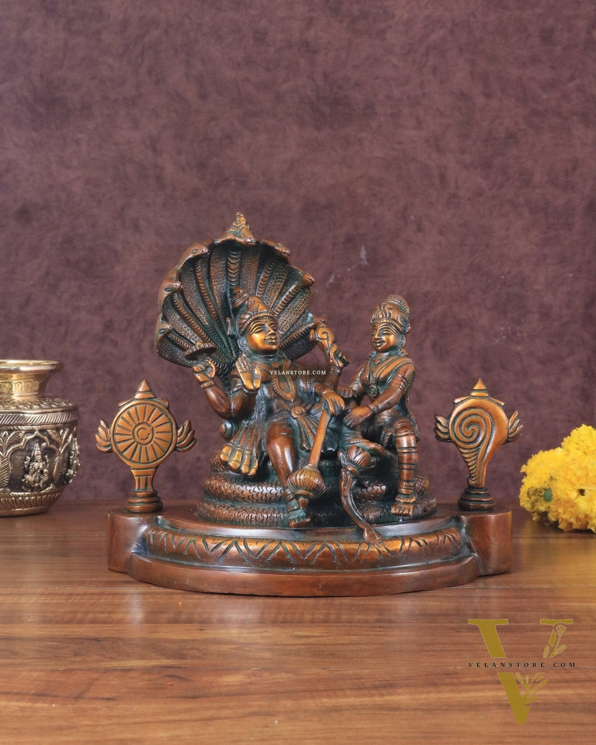 Brass Resting Vishnu Lakshmi Narayan with Shankh Chakra Statue - 8.5 Inch brown