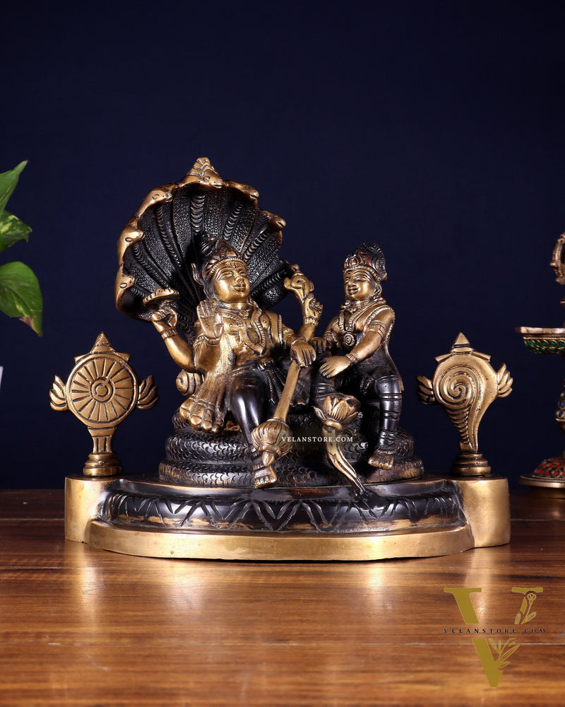 Brass Resting Vishnu Lakshmi Narayan with Shankh Chakra Statue - 8.5 Inch