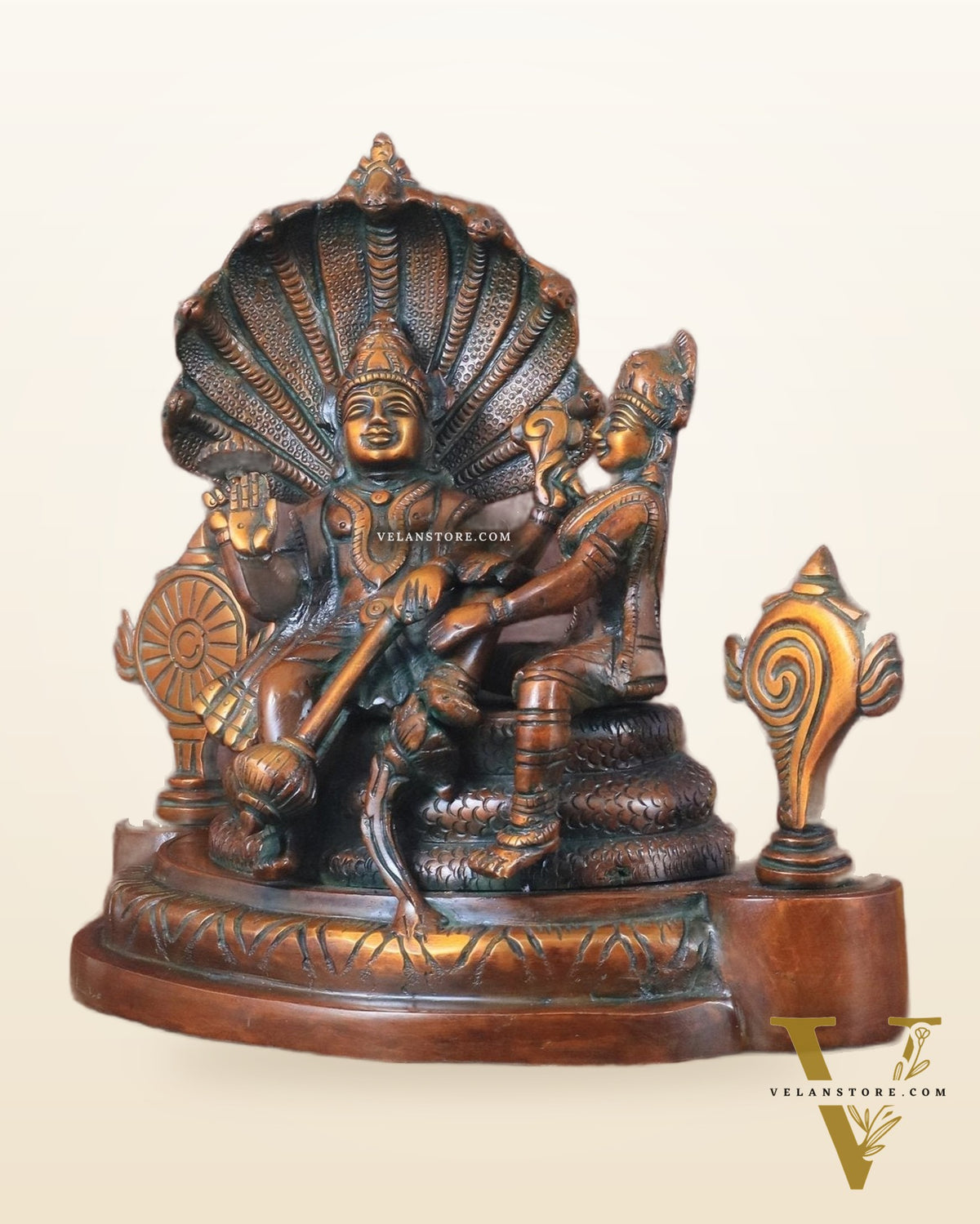 Brass Resting Vishnu Lakshmi Narayan with Shankh Chakra Statue - 8.5 Inch brown