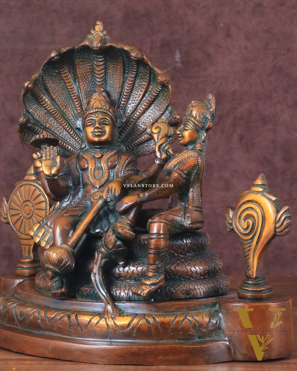 Brass Resting Vishnu Lakshmi Narayan with Shankh Chakra Statue - 8.5 Inch brown
