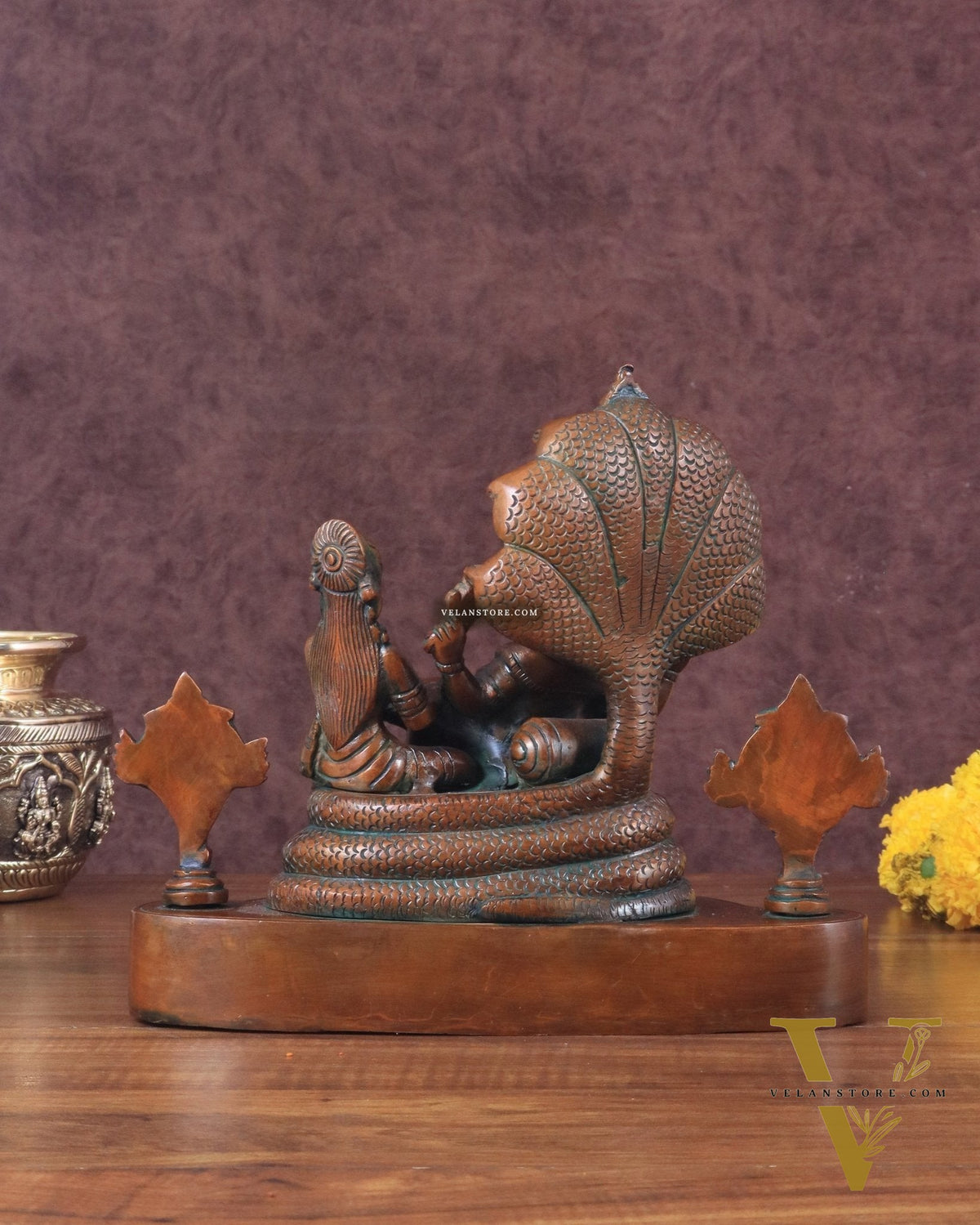 Brass Resting Vishnu Lakshmi Narayan with Shankh Chakra Statue - 8.5 Inch brown