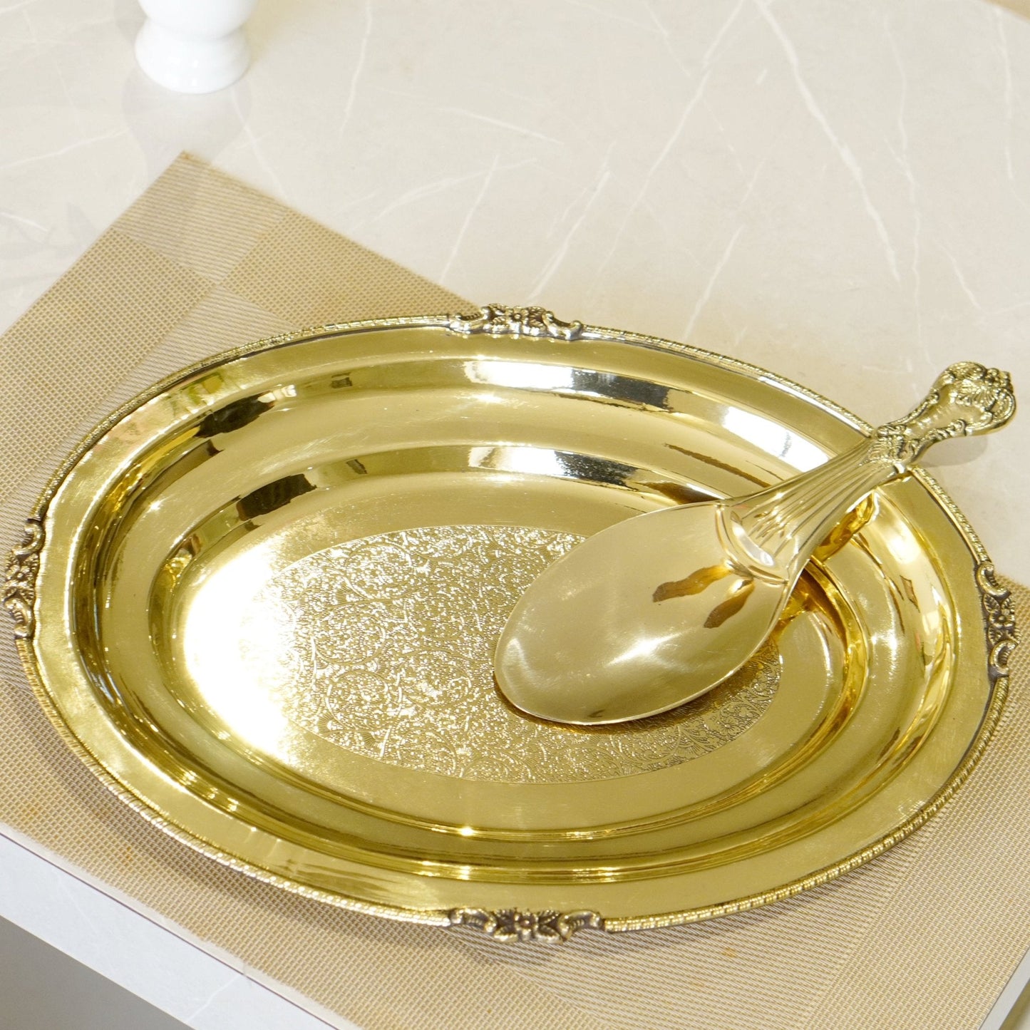 Brass Rice Plate with Rice Serving Spoon