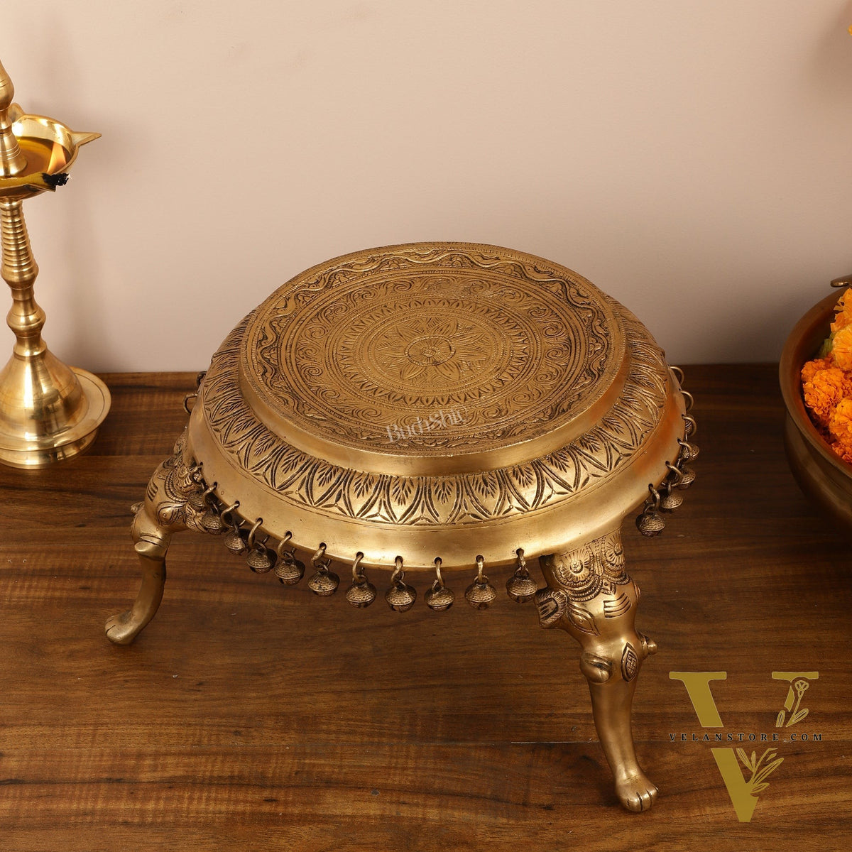 Brass Round Chowki Stool Pedestal with Elephant Legs