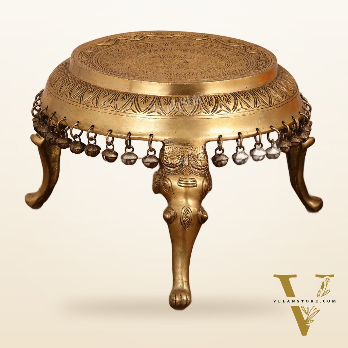 Brass Round Chowki Stool Pedestal with Elephant Legs