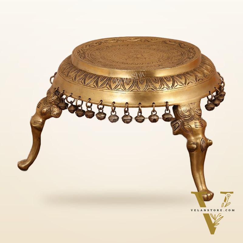 Brass Round Chowki Stool Pedestal with Elephant Legs