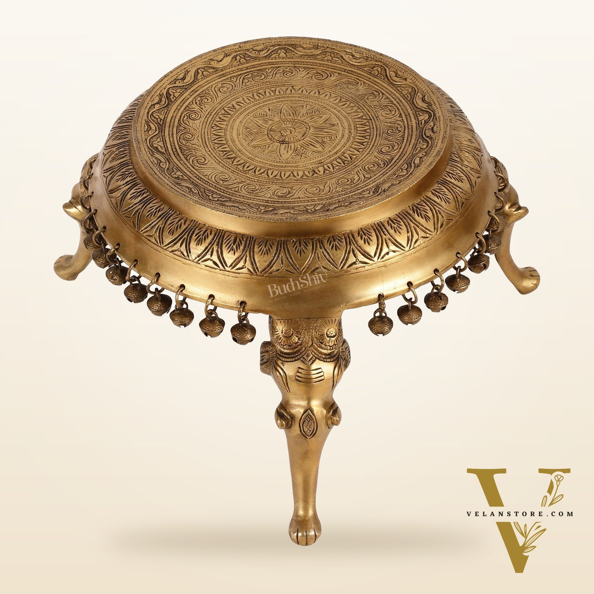 Brass Round Chowki Stool Pedestal with Elephant Legs