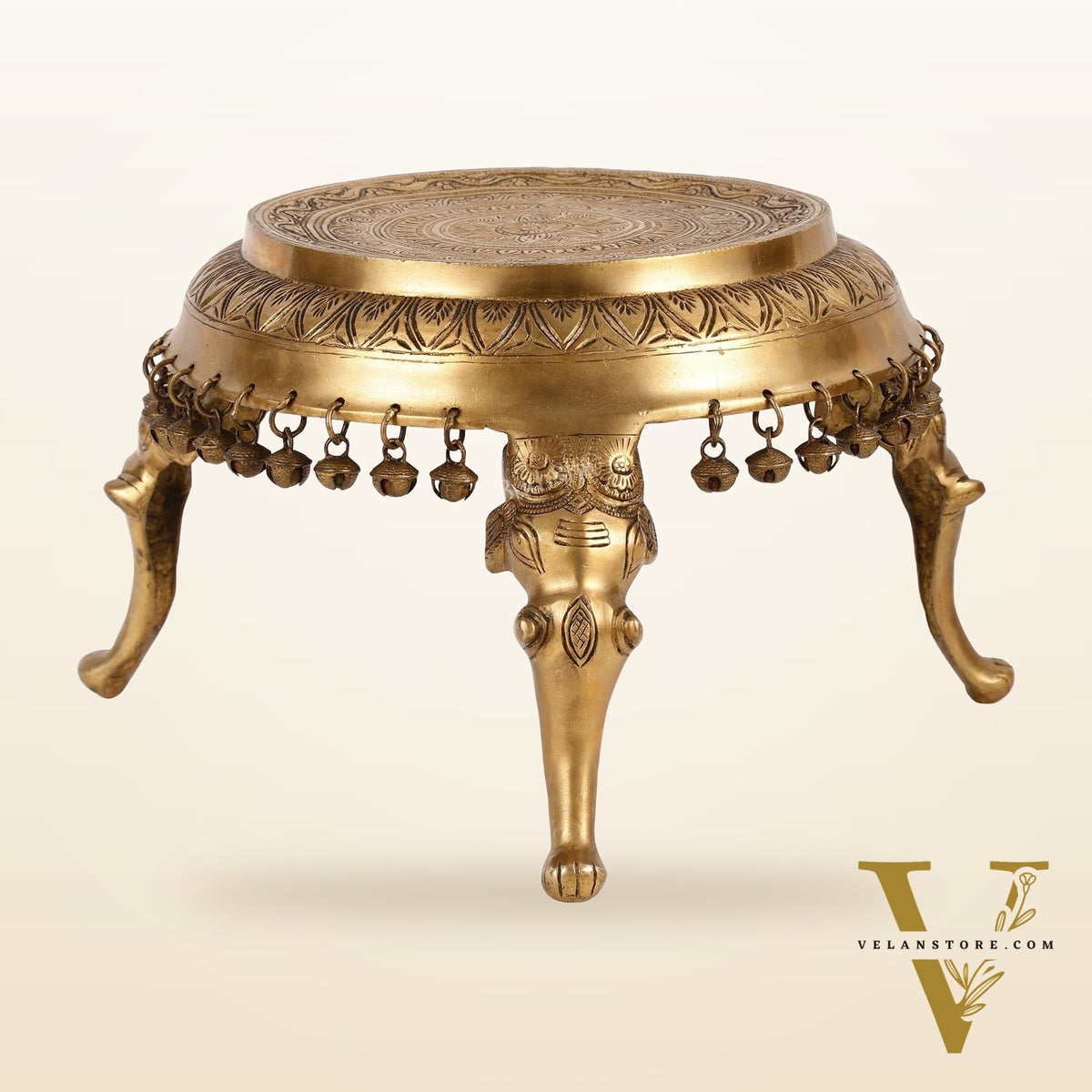Brass Round Chowki Stool Pedestal with Elephant Legs