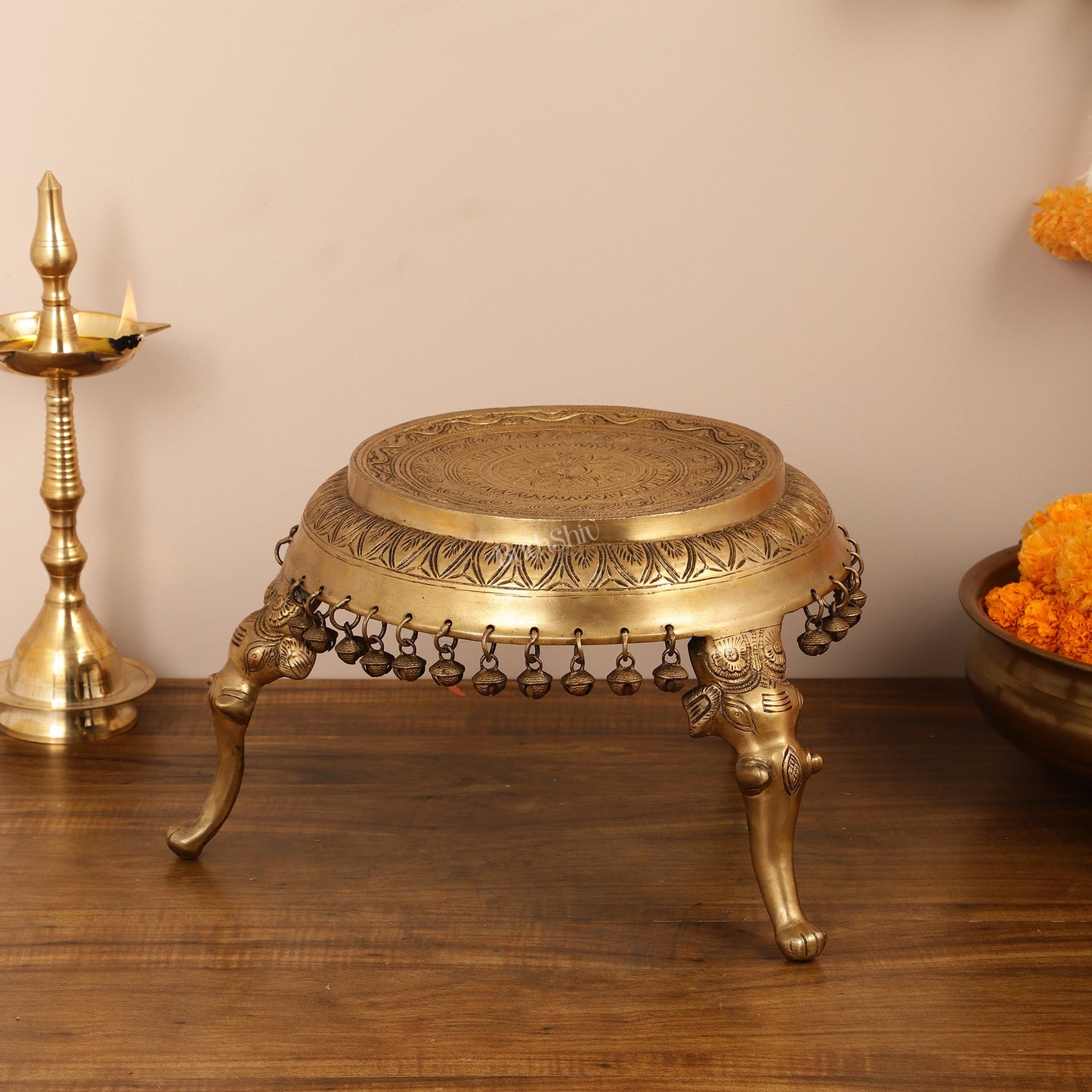Brass Round Chowki Stool Pedestal with Elephant Legs