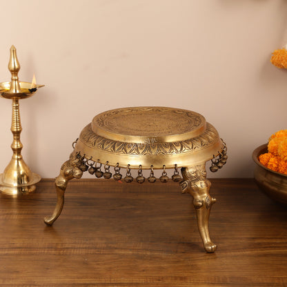 Brass Round Chowki Stool Pedestal with Elephant Legs