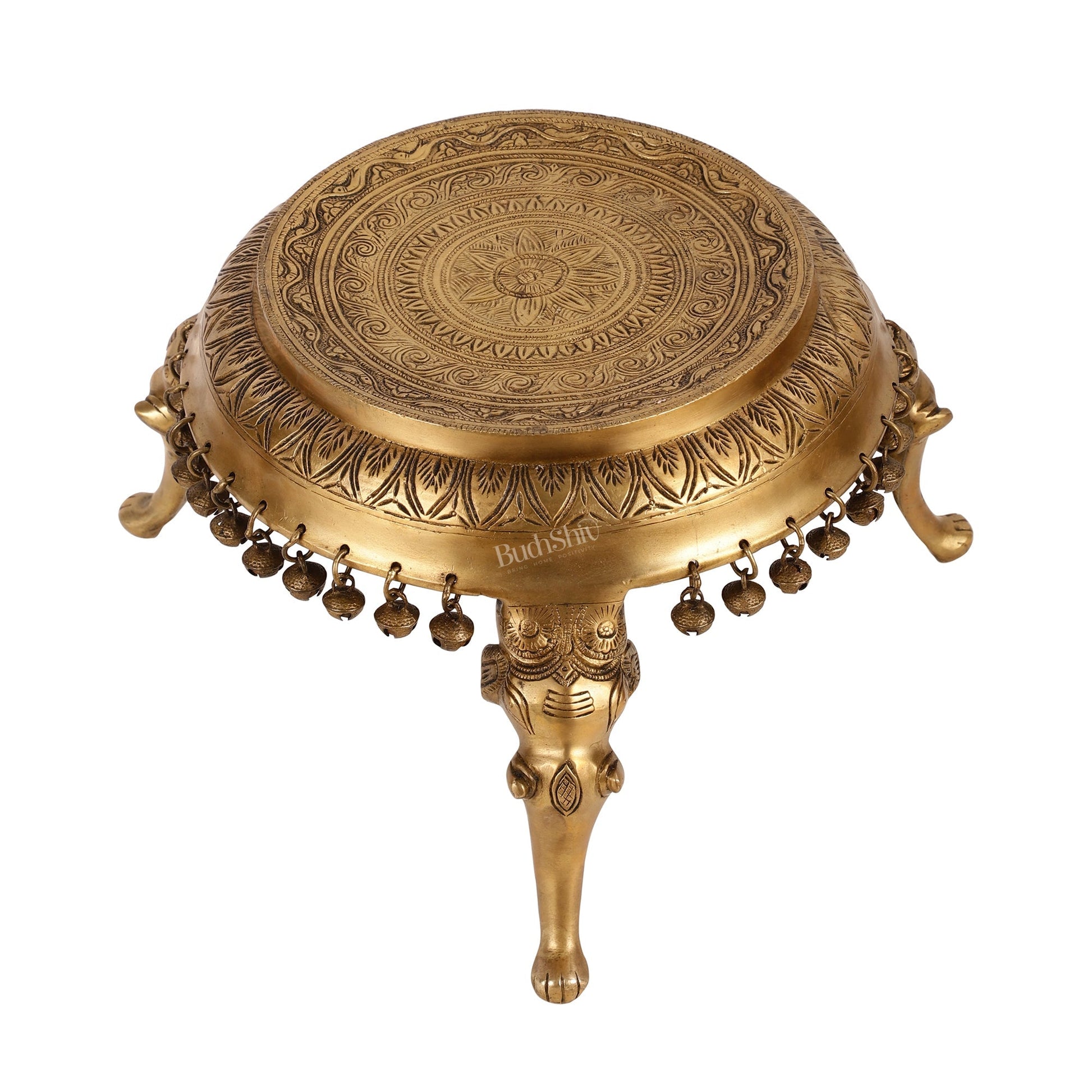 Brass Round Chowki Stool Pedestal with Elephant Legs