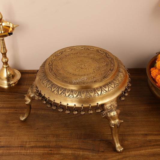 Brass Round Chowki Stool Pedestal with Elephant Legs