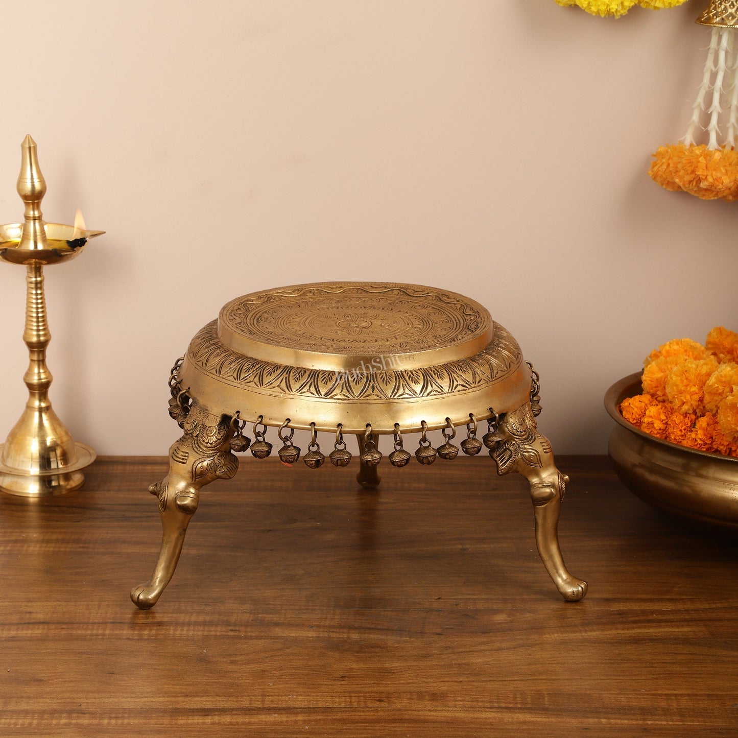 Brass Round Chowki Stool Pedestal with Elephant Legs