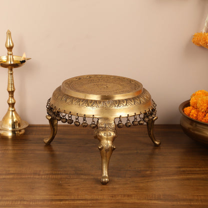 Brass Round Chowki Stool Pedestal with Elephant Legs