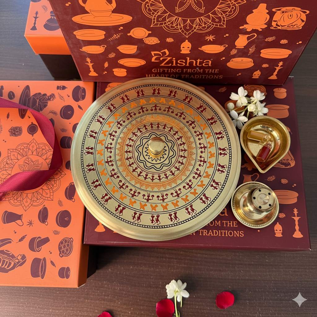 Brass Round Storage Box – Worli Art Design (Medium) Gift Set