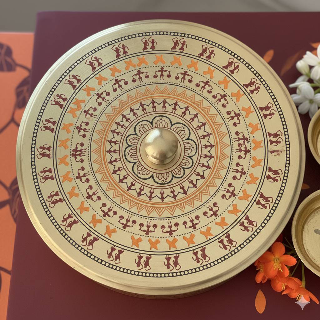 Brass Round Storage Box – Worli Art Design (Medium) Gift Set