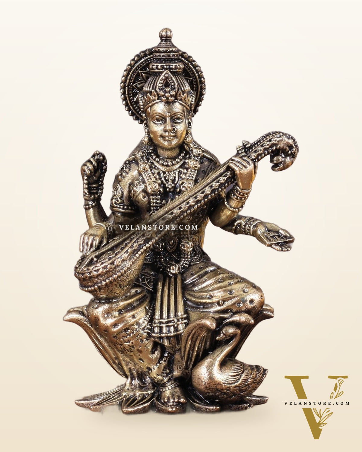 Brass Saraswati Idol Seated on Lotus 4 inch