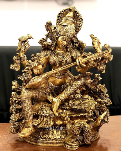 Exquisite Superfine Brass Saraswati Idol - 16" Divine Sculpture