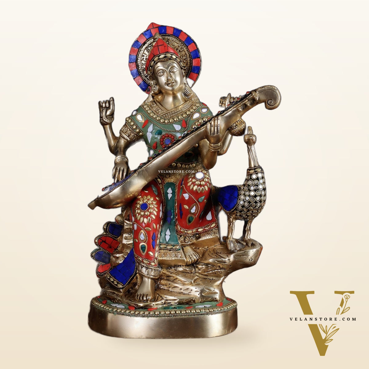 Brass Saraswati Sitting on Swan Idol - 15 Inch