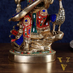 Brass Saraswati Sitting on Swan Idol - 15 Inch