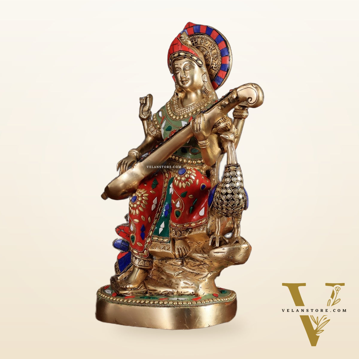 Brass Saraswati Sitting on Swan Idol - 15 Inch