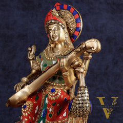 Brass Saraswati Sitting on Swan Idol - 15 Inch