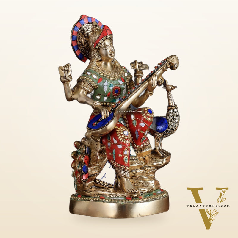 Brass Saraswati Sitting on Swan Idol - 15 Inch