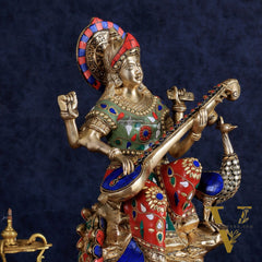 Brass Saraswati Sitting on Swan Idol - 15 Inch