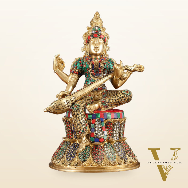 Brass Saraswati Statue | 14.5" Height | meenakari