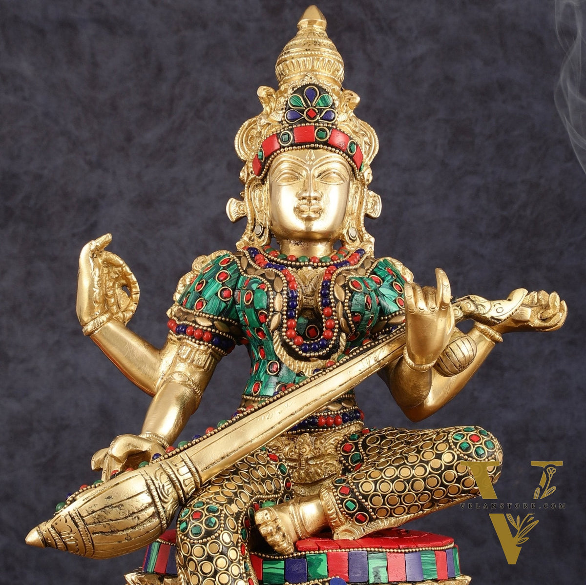 Brass Saraswati Statue | 14.5" Height | meenakari