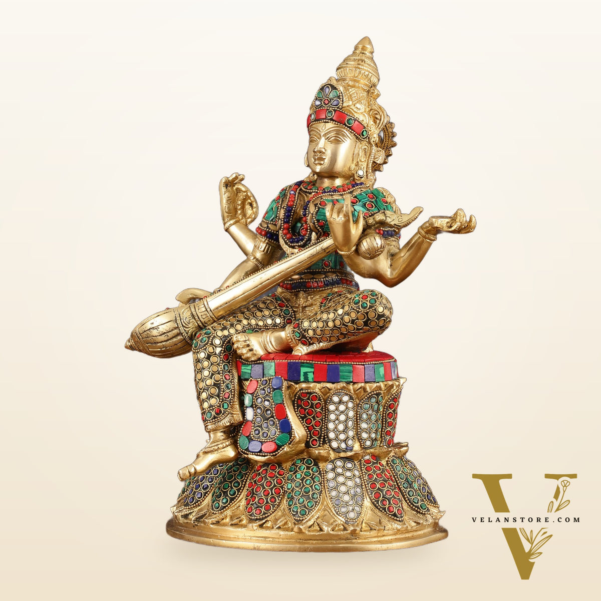 Brass Saraswati Statue | 14.5" Height | meenakari