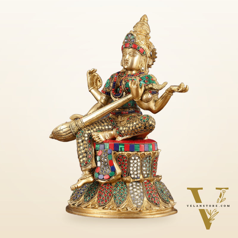 Brass Saraswati Statue | 14.5" Height | meenakari