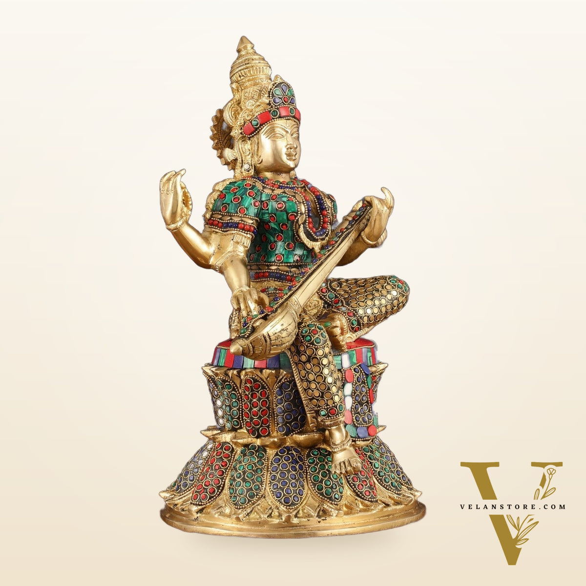 Brass Saraswati Statue | 14.5" Height | meenakari