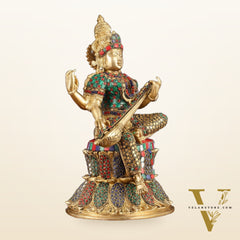 Brass Saraswati Statue | 14.5" Height | meenakari